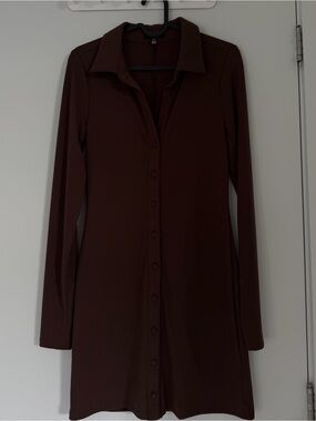 AFRM Long Sleeve Brown Button-Front Ribbed Dress